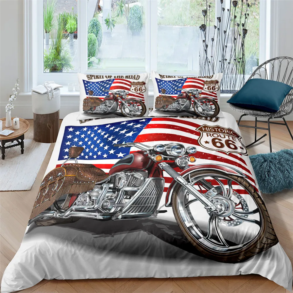 

Fashion 3d Bedding Set U.S. Route 66 Quilt Cover Motorcycle Duvet Cover Set For Kids Teens Luxury Home Textile 2/3Pcs