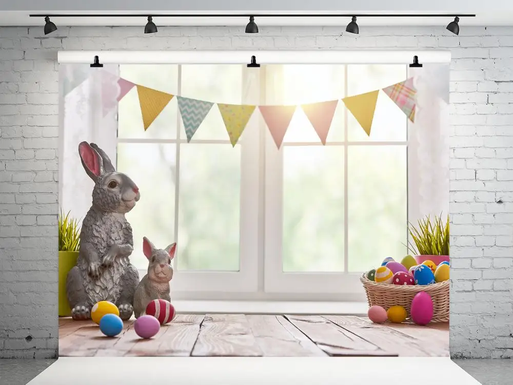 

VinylBDS 5x7ft Easter Backdrop Backgroud Window Curtain Photography Background Rabbit Egg Wooden Background Photography Children