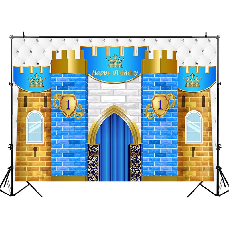 Happy 1st Birthday Backdrop Royal Blue Castle Decorations Photography Background Little Prince First Birthday Banner Backdrops