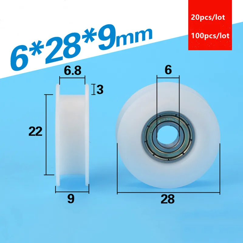 

20pcs/100pcs 6*28*9 mm Nylon coated plastic H type groove pulley POM roller wheel 3d printer CNC engraving machine 696ZZ