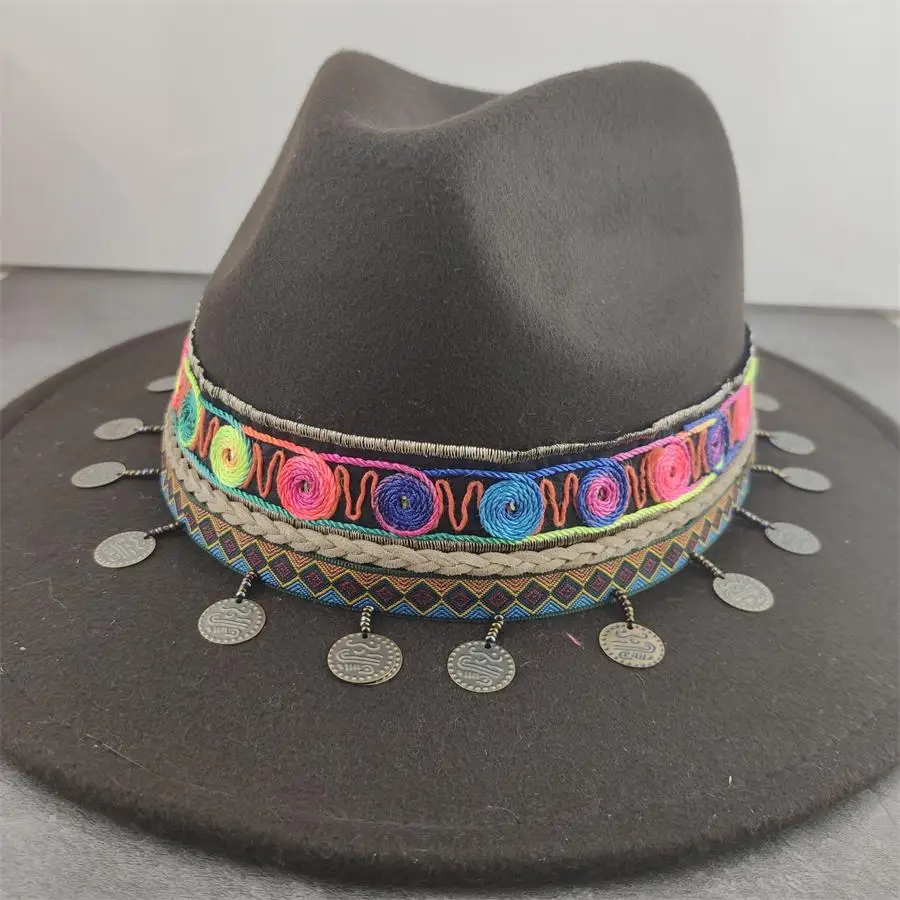 Boho fedora hats women feather band belt hat british elegant fascinator Leather Tassel winter women hats