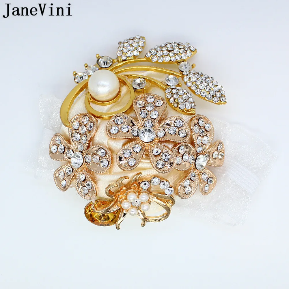 Janevini ouro strass cristal noivo boutonnieres buttonhole homem broche terno de casamento pinos marfim rosa pulseira damas de honra