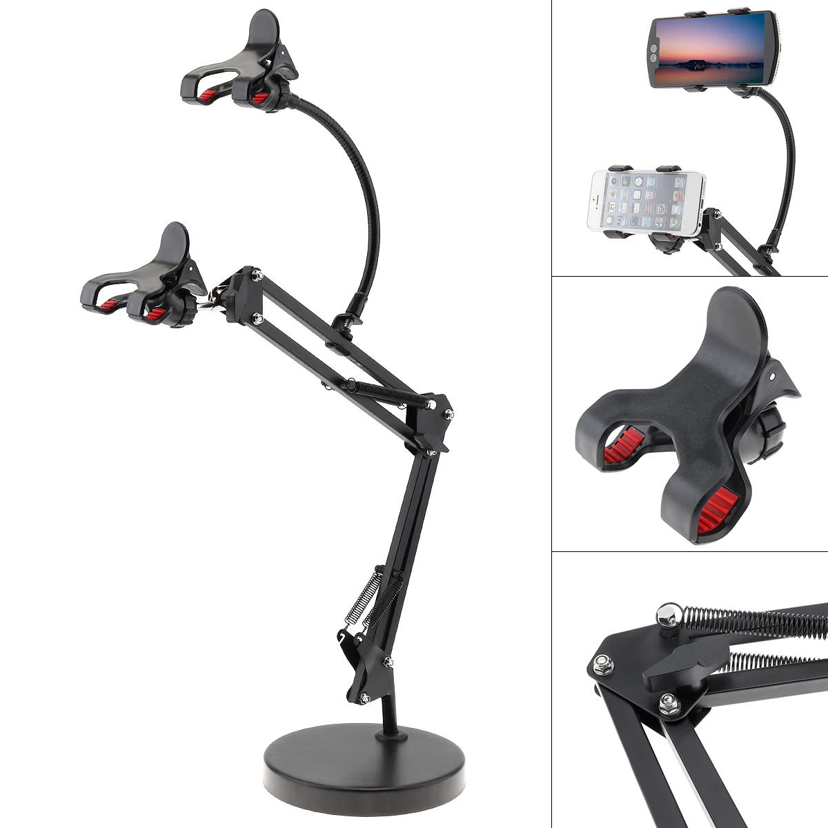 Extendable Double Cell Phone Holder with Suspension Boom Scissor Long Arm Mount Stand for Broadcast Studio Video Chatting