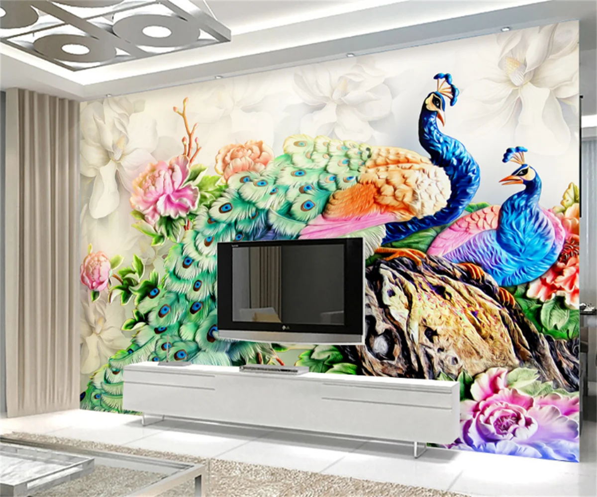 

European and American peacock relief living room bedroom TV sofa background wall painting custom hotel tooling photo mural papel