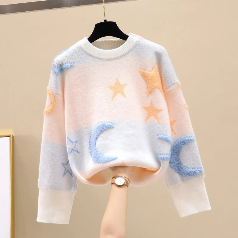 Korean Fashion Moon Stars Loose Sweater Women 2024 New Autumn Winter Pullovers Female Knitwear Casual Jumper Fall Knit Clothes