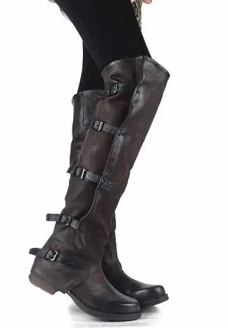 Coffee Black Woman Retro Flat Sheep Skin 100% Real Leather Knee High Long Boots Buckles Round Toe Knight Boots