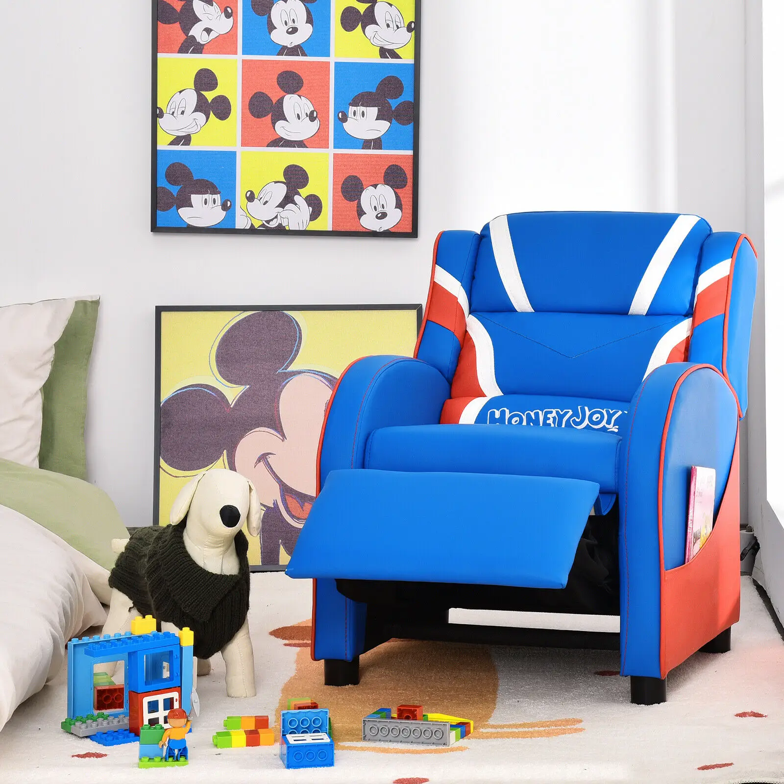 Costway-Fauteuil de jeu inclinable en cuir PU pour enfants, fauteuil avec poches latérales, bleu, rose, HW66976