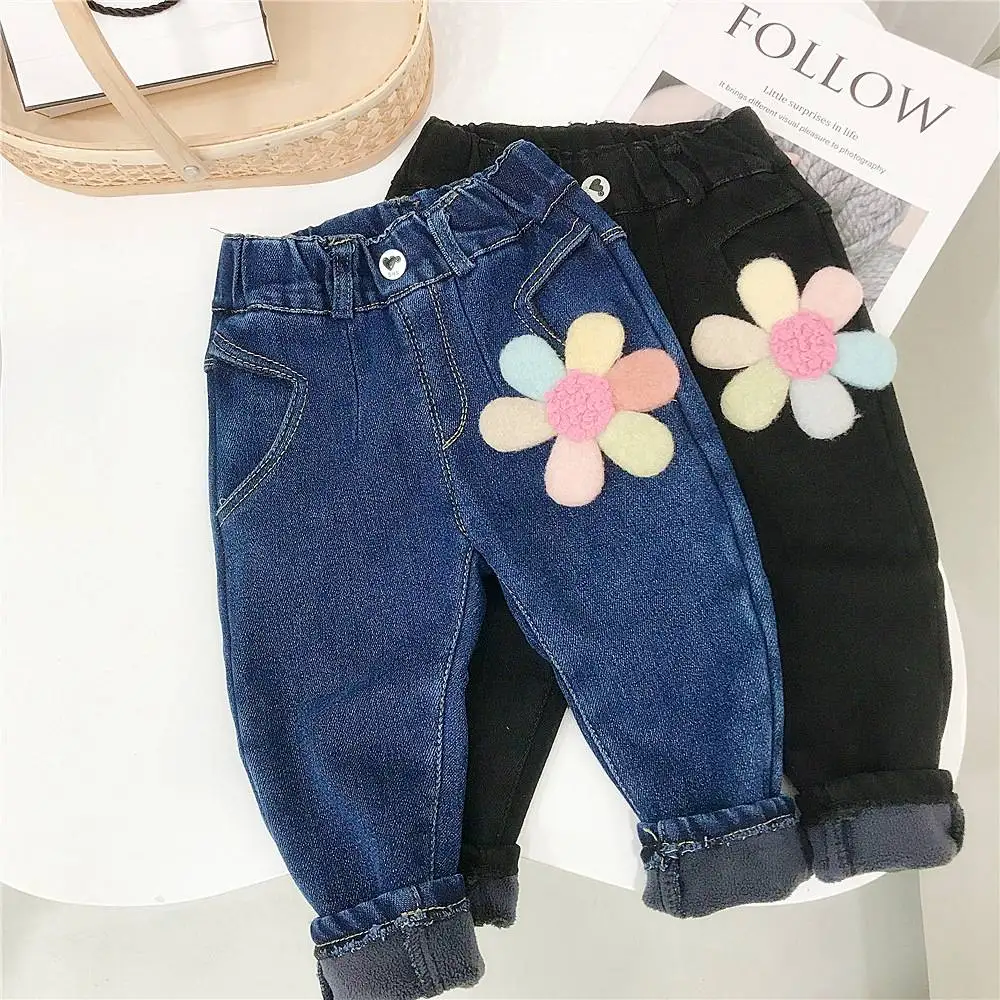 Children Jean Flower patchwork Girls Kid Princess Jeans Pant Warm Winter Children Baby Flower Velvet Thicken Long Pants Trousers