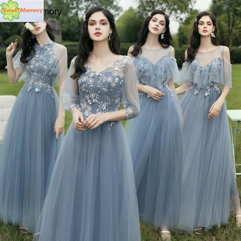 6 estilos azul longo vestidos de dama de honra marinha café baile de formatura tule applique rendas até o chão vestido de casamento das mulheres vestidos de formatura