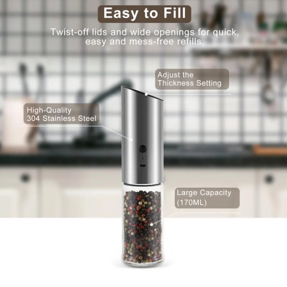 Electric Salt and Pepper Grinder Set USB Rechargeable Eletric Pepper Mill Shakers Automatic Spice Steel Machine Kitchen Tool