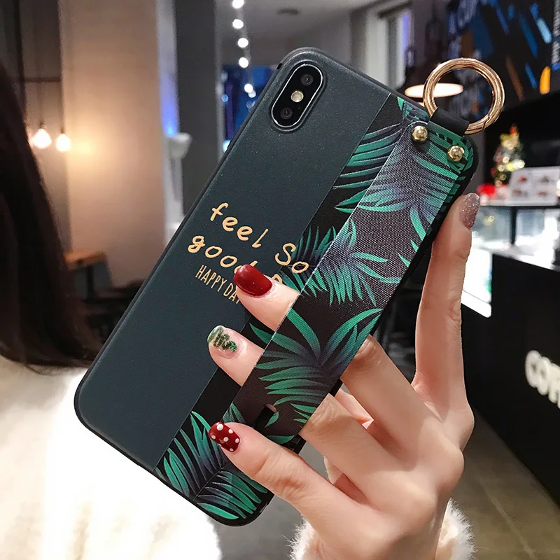 for OPPO Realme 5 6 Pro C15 C11  X2 Pro XT C2 U1 Reno 4 2 3 Phone Case 3D Emboss Art Leaf Flower Wrist Strap Phone Holder Cover