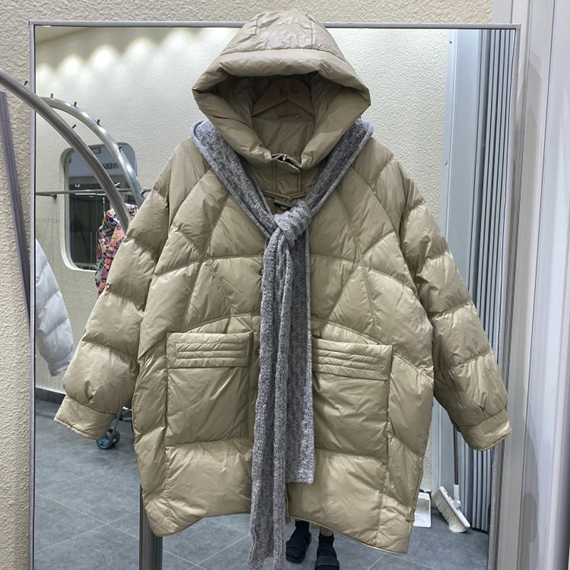 2024 Winter New Women\'s Snow Coat Disc Button Knit Hat Puffer Jacket Korean Fashion Loose Hooded White Duck Down Coats Parka