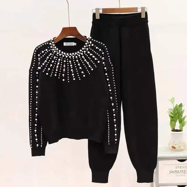 

Great quality diamond beading knit suits female heavy industry diamond beading long sleeve sweater + pants two pieces sets F174