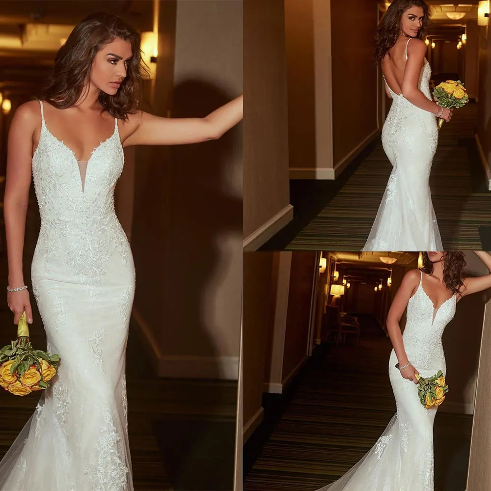 

Sexy Open-Back Mermaid Wedding Dresses Spaghetti Plunging Neckline Lace Wedding Dress Bridal Gowns Vestido De Noiva Custom Made