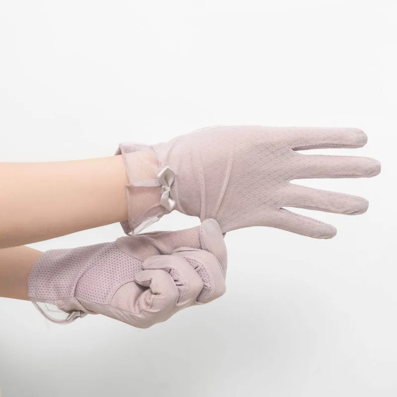 Guantes de algodón con lazo de encaje para mujer, protectores solares para pantalla táctil, malla transpirable fina de seda de hielo, Anti-UV, para conducir y ciclismo