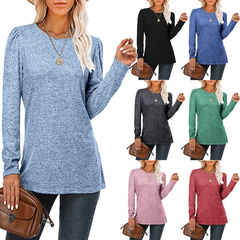 

2021 Women's round Neck Solid Color Long-Sleeved Top Pleated Casual Loose-Fitting T-shirt