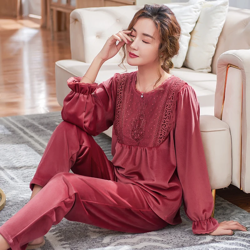 Warm Island Fleece Pajamas Sets Winter Women Elegant Lace Pajama Set Flannel Female Sleepwear Home Clothing Women's Pyjamas Suit