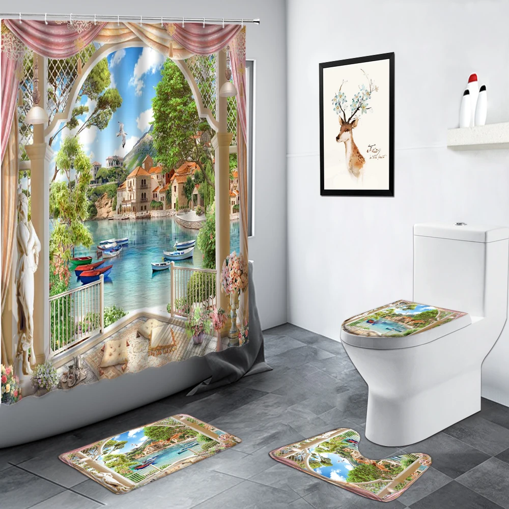 Beach Town Ocean Scenery Shower Curtain Set European Retro Oil Painting Bathroom Decor Carpet Non-slip Rug Toilet Cover Bath Mat