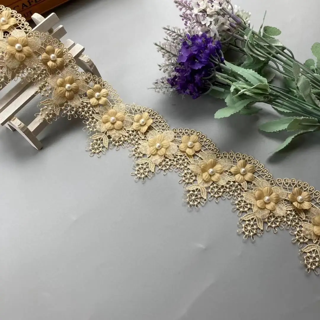 3 Yards 7 CM Gold Flowers Pearl Lace Trim Ribbon Embroidered Knitting Wedding Dress Handmade Patchwork Sewing Supplies Crafts