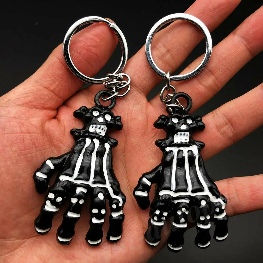 2pcs Metal Black Skull Evil Head Hand  Keyring Keychain Key Chain Ring