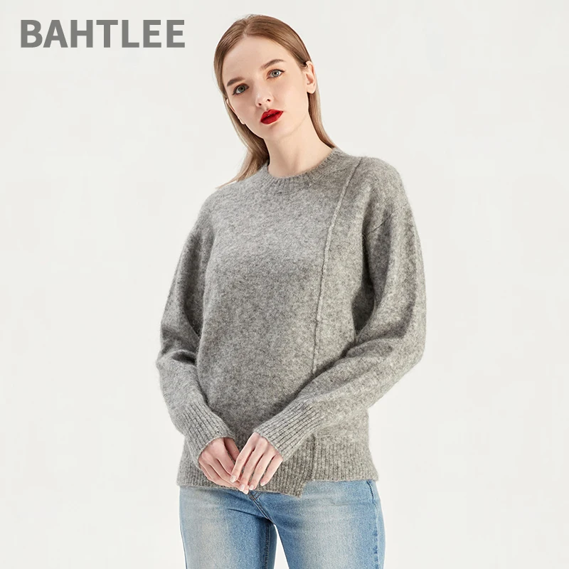 

BAHTLEE-Women's Wool Mohair Pullover, O-Neck Sweater, Long Sleeves, Knitted Jumper, Irregular Stitching, Keep Warm, Autumn