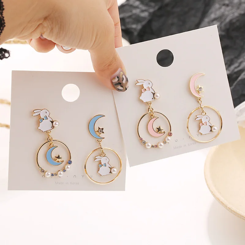 Pendientes asimétricos para adolescentes y mujeres, aretes de conejo, Luna, perla, estrella, cristal, Animal, joyería romántica, BT45T #34