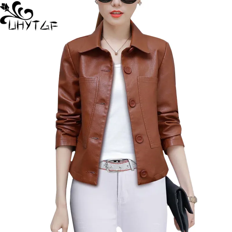 UHYTGF Leather Jacket Women\'s Fashion PU Washed Leather Casual Short Autumn Leather Coat Female Slim Wild Big Size Jacket 1339