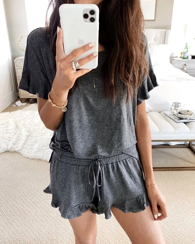 Pajamas for Women Summer Solid Sleepwear Causal Pyjamas Set Tank Top Shorts Loose Underwear Set Soft Short Sleeve Nightwear