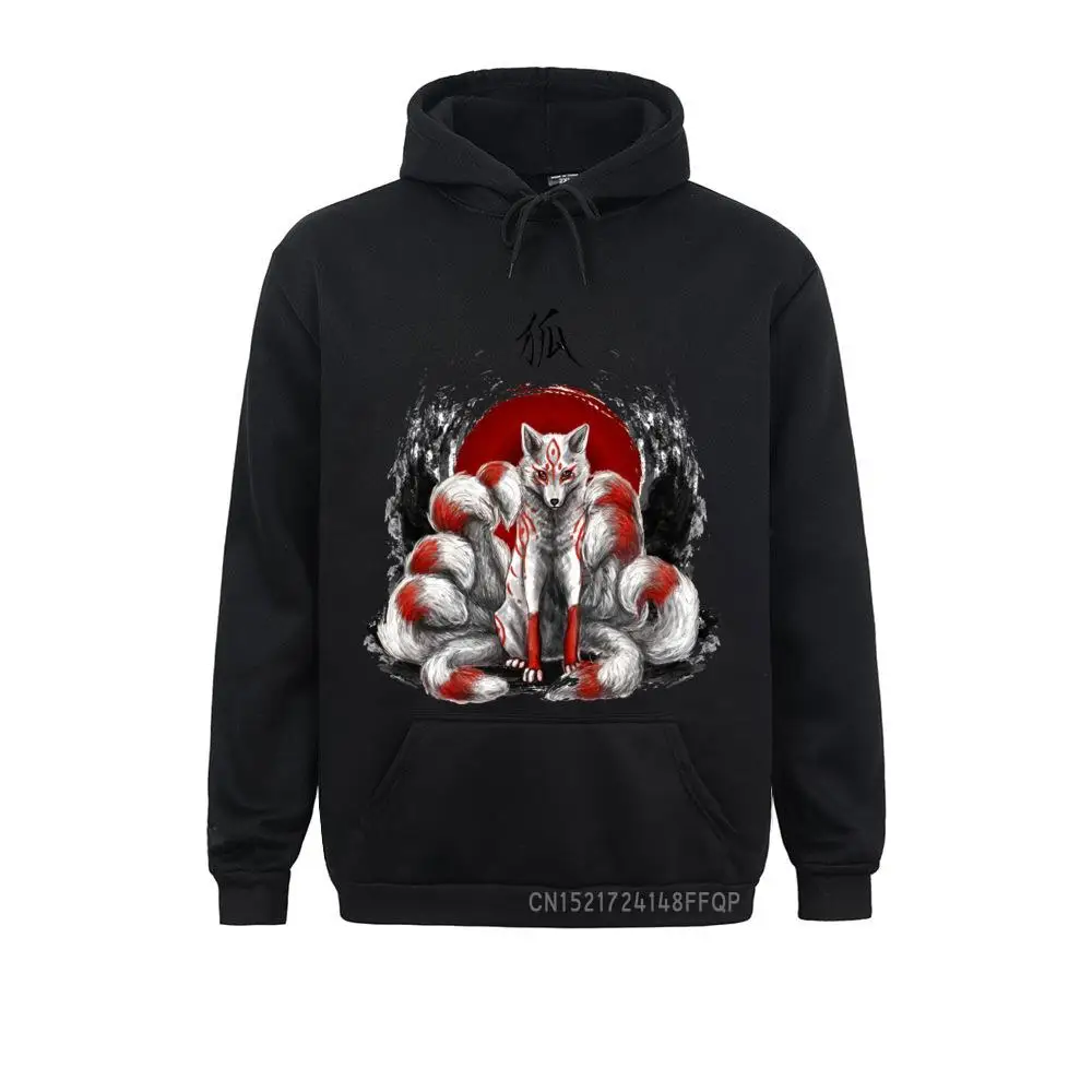 Cozy Vintage Fox Design Men Sweatshirt Japanese Nine Tailed Fox Kitsune Printed Graphic Hoodie Hipster Pocket Funny