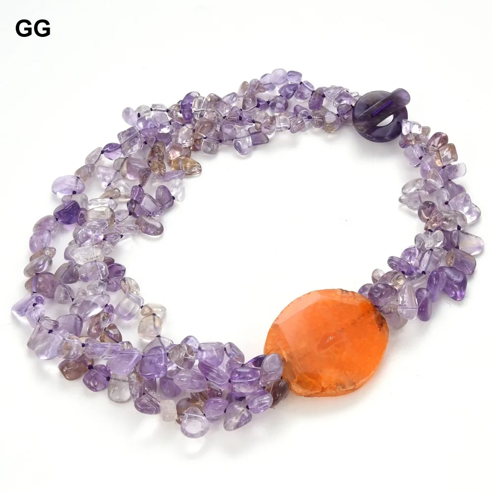 GG 20'' 4 Rows Beautiful Natural Purple Amethyst Nugget Beads Orange Agate Chunk Necklace For Women