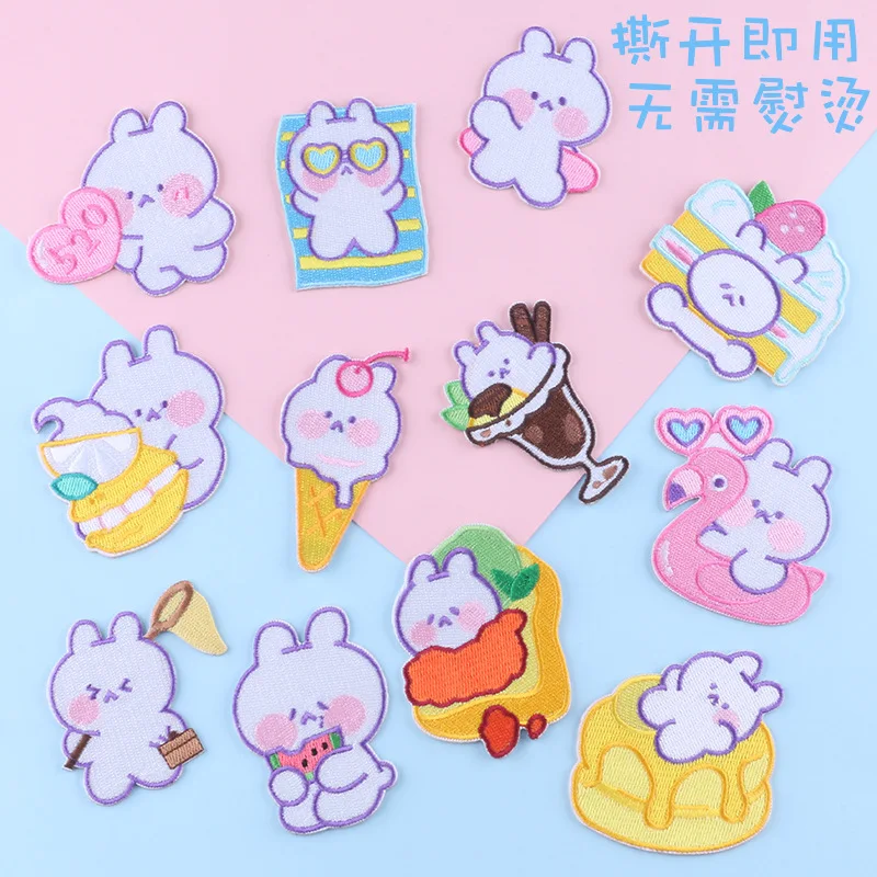 Self-Adhesive Cartoon Rabbit Cake Embroidered No Iron on Patches for Clothing Applique Clothes Sticker Stripes Sewing Accessory