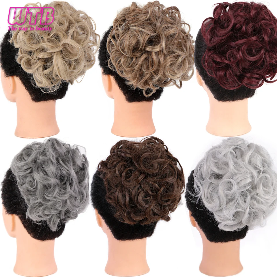 WTB Synthetic Messy Curly Chignon with Rubber Band Hair Bun Two Plastic Comb Clip In Updo Cover Hair Ponytail for Women 25 Color