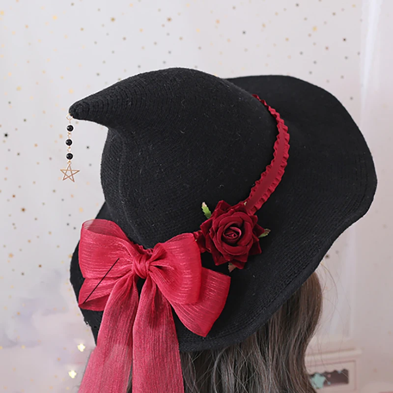 Chapeau de Sorcière Gothique Lolita avec Nministériels d Papillon, Rose Rouge, Ruban Floral, Pendentif pour Femme, Accessoires d'Halloween