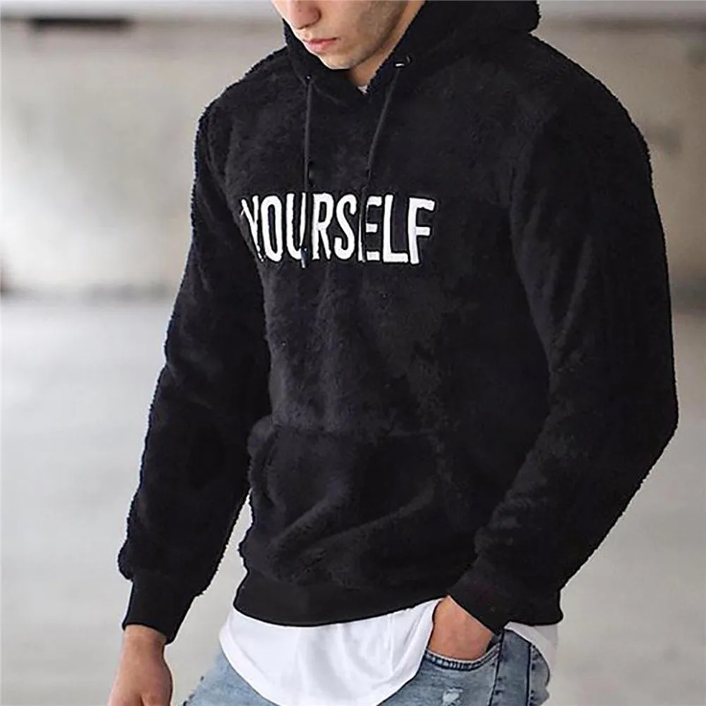 Autumn Winter Men Warm Plush Fleece Hoodie Sweatshirts Casual Long Sleeve Letter Print Hooded Pullover Top With Kangaroo Pocket