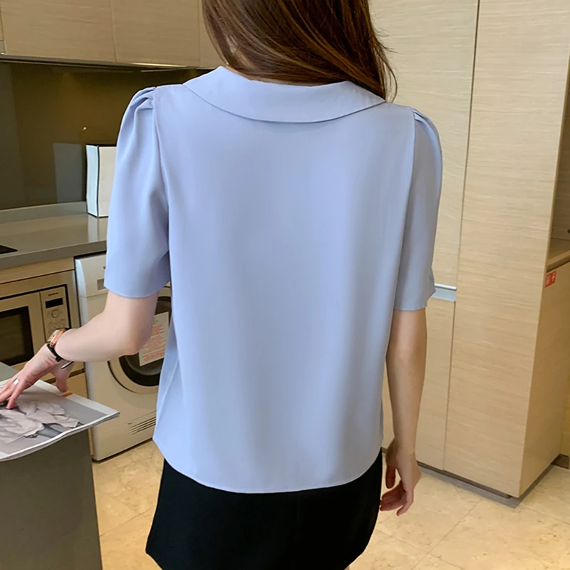 Casual Solid Female Shirts Tops 2021 Summer New Women Chiffon Short Sleeve Blouse Office Lady V-neck Button Loose Clothing S-XL