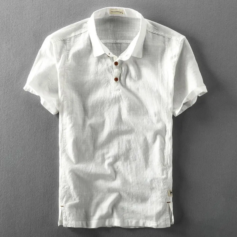 Fashion Summer Brand Shirt Men Short Sleeve Loose Thin Cotton Linen T-Shirts Solid Color Trend Male Turn Down Collar Tees