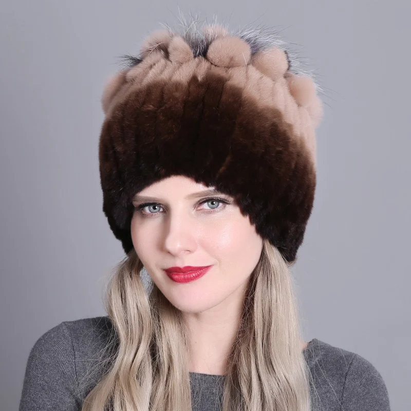 Women Real Rex Rabbit Fur Knitted Caps Beanies Winter Hats For Women Natural Rabbit Fur 2022 Russia Keep Warm Hat