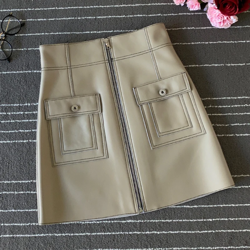 2020 Autumn Women High Quality sheepskin Real leather A-line skirt Chic women High-rise pockets leather skirts C167