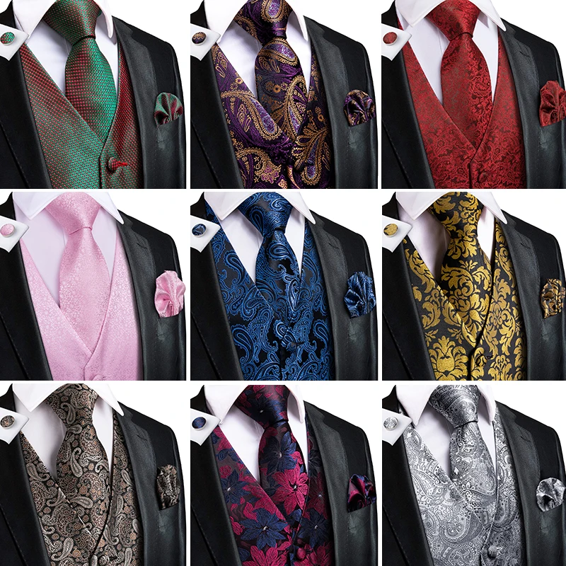 Hi-Tie Silk Adult Men\'s Vest for Suit Luxury Paisley Floral Plaid Suit Vest and Tie Set Blue Gold Red Sliver Wedding Vest Men