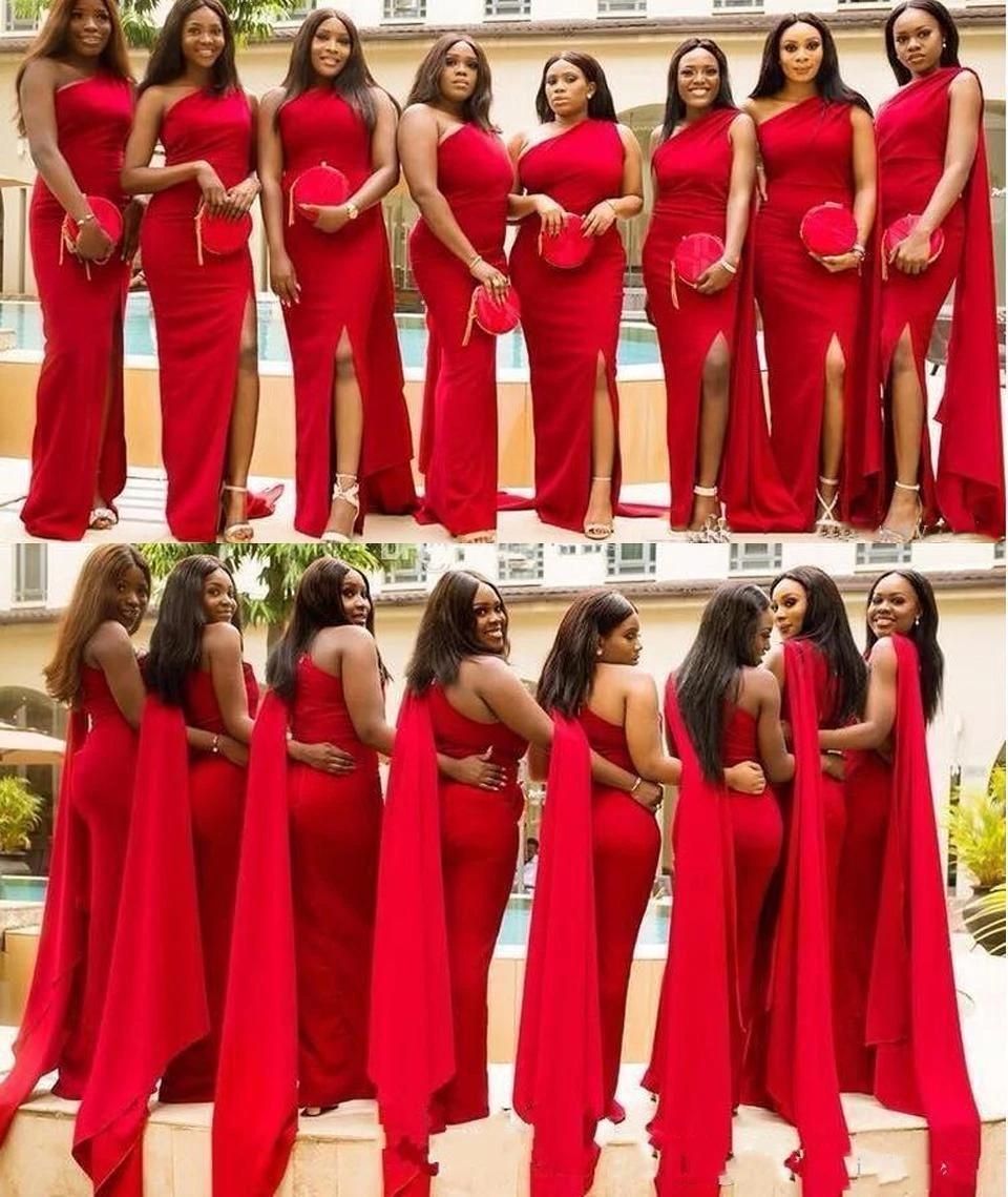 2025 Arabic Red Mermaid Bridesmaid Dresses One Shoulder Split Floor Length Wedding Guest Formal Maid of Honor Gowns Customized