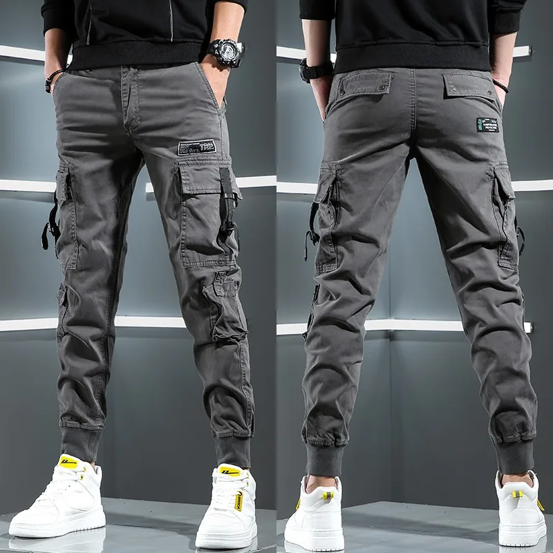 Autumn Tactical Cargo Men Streetwear Hip Hop Casual Big Pockets Gray Cotton Baggy Trousers