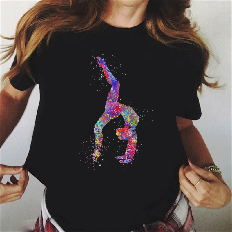 

Watercolor Gymnastics Girl Print T-Shirt Women Rainbow Gymnast Splatter Solid T Shirt Femme Harajuku Kawaii Clothes Tshirt Tops