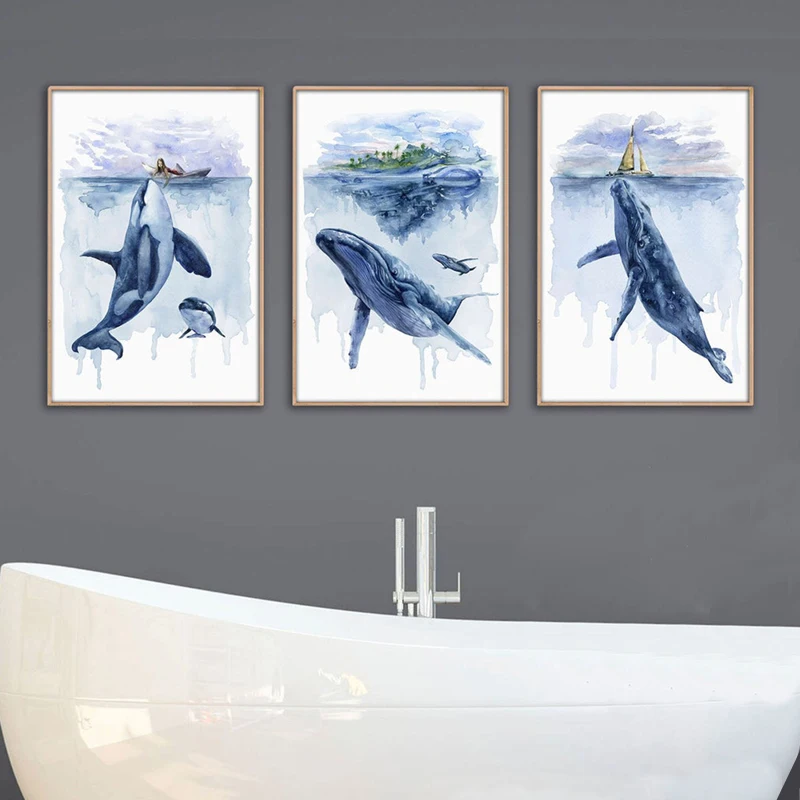 Blue Whale Painting Art Prints Nursery Decor , Humpback Whale Shark Animal Canvas Poster Bathroom Wall Art Pictures Decoration