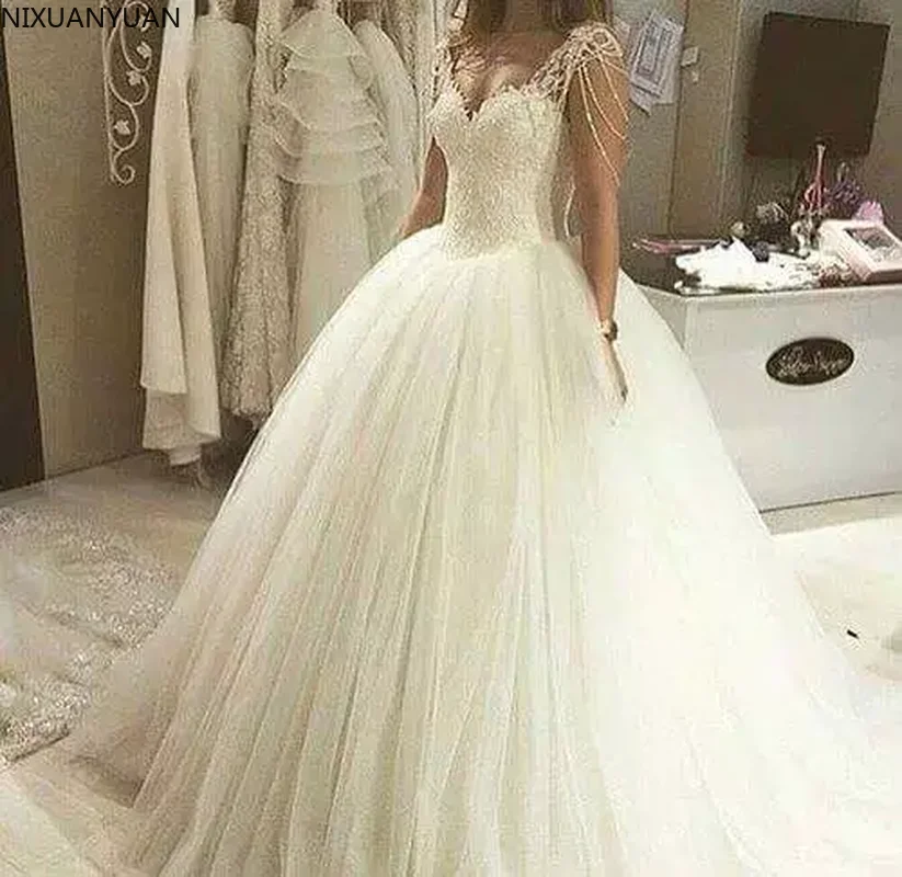 Vestidos De Noiva Lace Ball Gown White Ivory Beaded Princess Wedding Dress 2023 Crystal Sleeve Bride Dresses