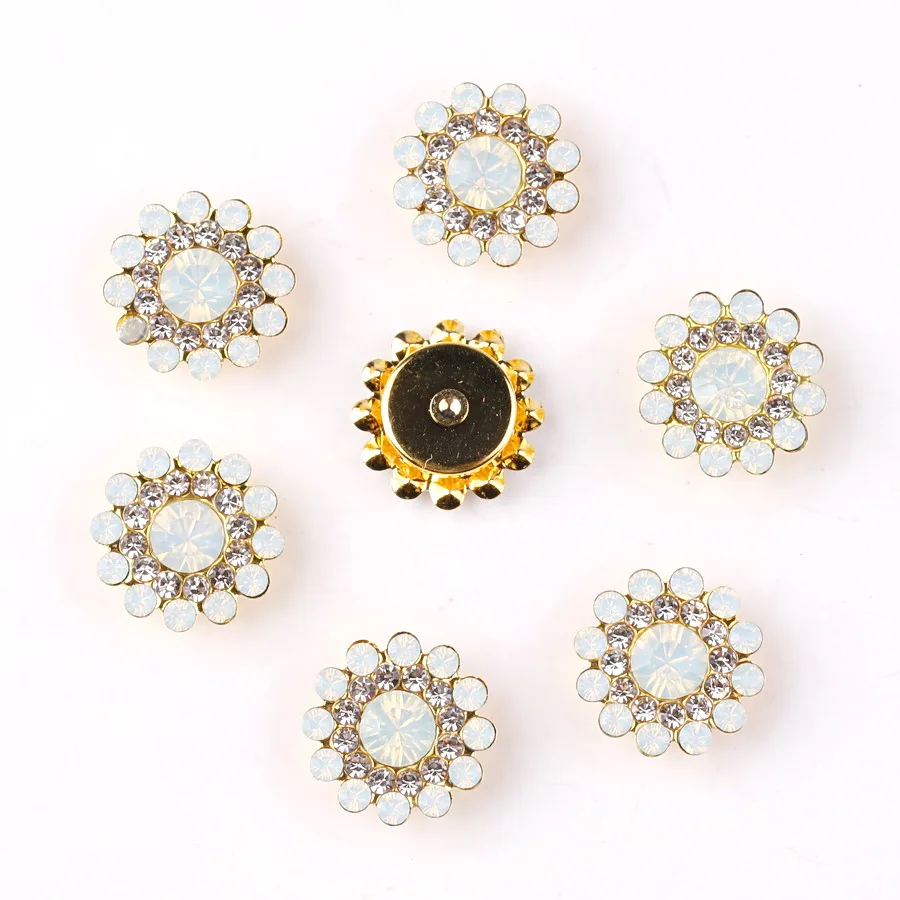 14mm Blumenförmige runde Glaskristall-Strasssteine mit goldener Basis, flache Rückseite zum Aufnähen, Strassperlen, DIY-Verzierung – Detail 4