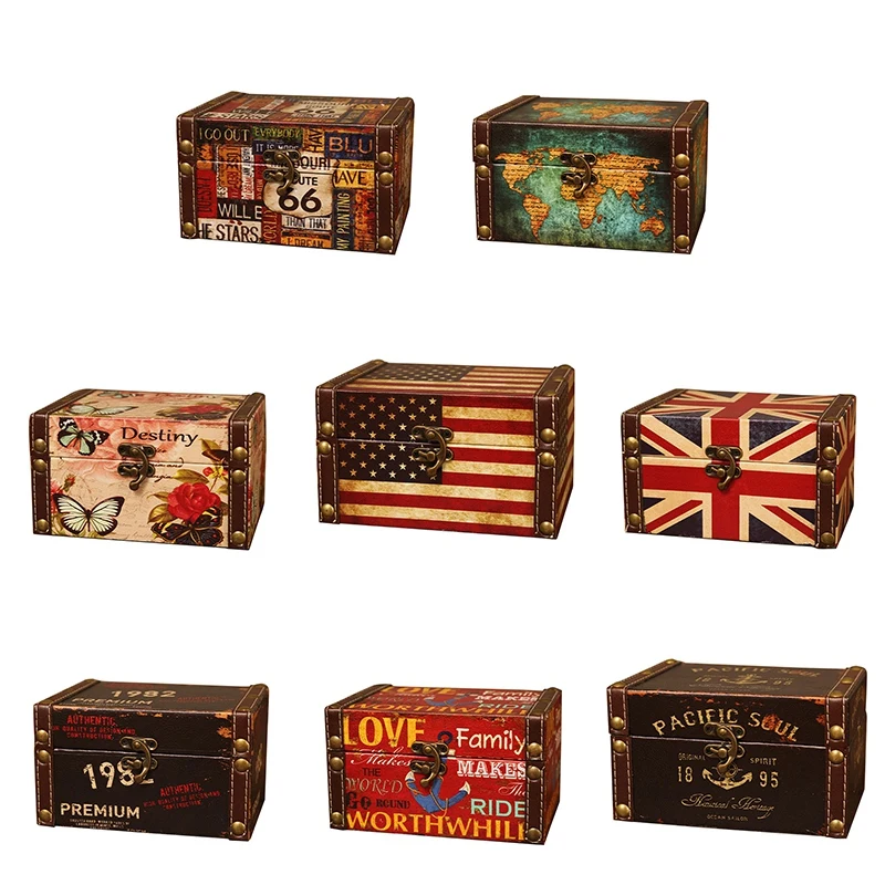 Vintage Storage Decorative Suitcase Small Retro Wooden Box Casket Lock Desktop Storage Box Finishing Muhe Jewelry Box