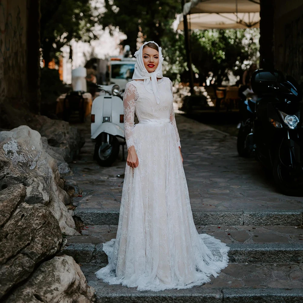 Vestido de casamento de renda de manga longa sheer uma linha feito sob encomenda barco pescoço mais tamanho rústico faixa romântico jardim bateau praia vestido de noiva