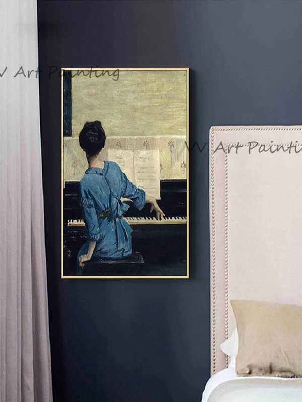 Vintage Piano Lady Graphic Canvas Painting, 100% Handpainted Retro Figure Contemporary Art, Modern Hallway Wall Decoration