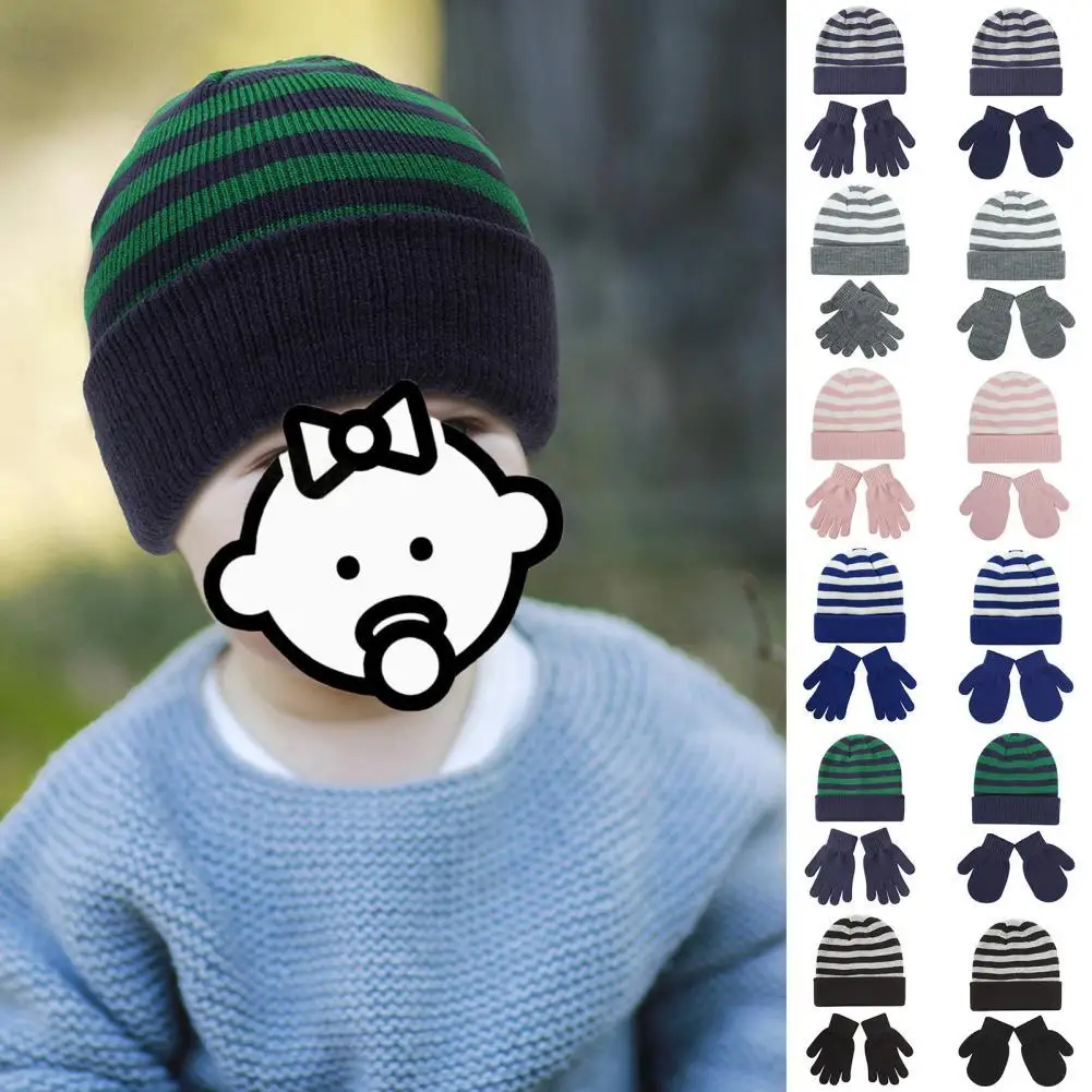 Girls Boys 1 Set Popular Color Block Lightweight Warm Hat Gloves Headwear Beanie Hat Gloves Color Block   for Birthday Party