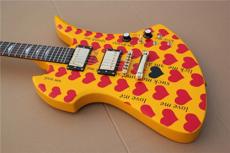 custom 6 string guitar,irregular guitar,heart pattern basswood body ,gold hardware,shell inlay